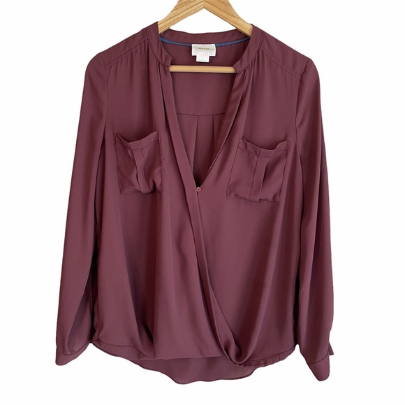 Maeve Tops - Maeve Purple V-Neck Faux Wrap High Low Pocketed Top